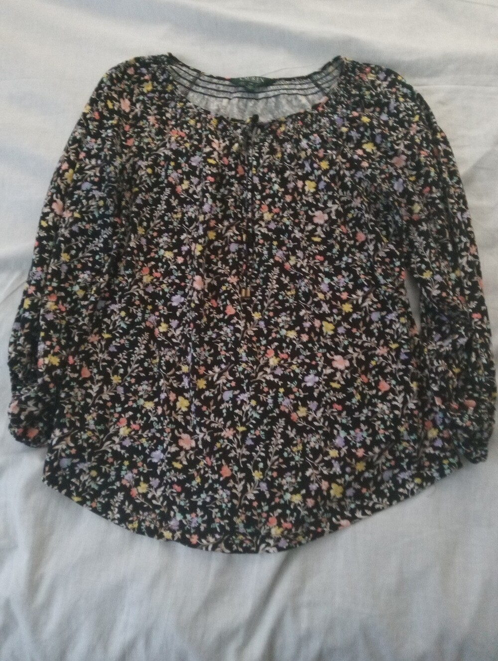 Ralph Lauren Black Floral Peasant Blouse with Multicolor Print Size XS
